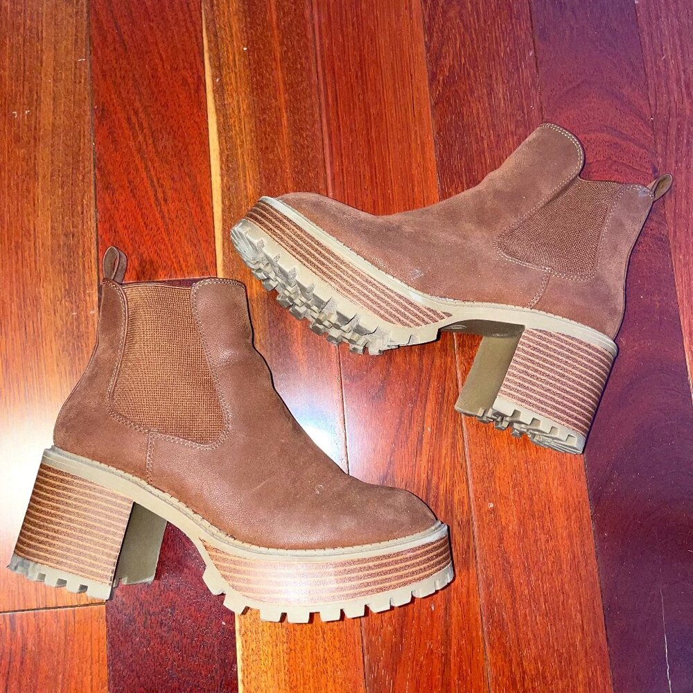 MIA Brown Suede Chunky Heel Chelsea Booties